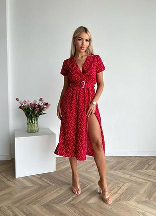Женское платье миди с поясом красное розовое голубое оливковое зеленое в горошек