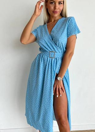 Женское платье миди с поясом красное розовое голубое оливковое зеленое в горошек