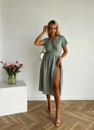 Женское платье миди с поясом красное розовое голубое оливковое зеленое в горошек