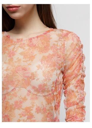 Прозрачная блуза сеточка zara размер м оранжевая сеточка принт цветы1 фото