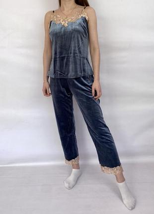 Женская велюровая из кружева пижама 3в1 майка халат и брюки3 фото
