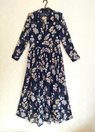 Шифонове довге плаття сорочка квітковий принт, довге мідіплаття на ґудзиках максі