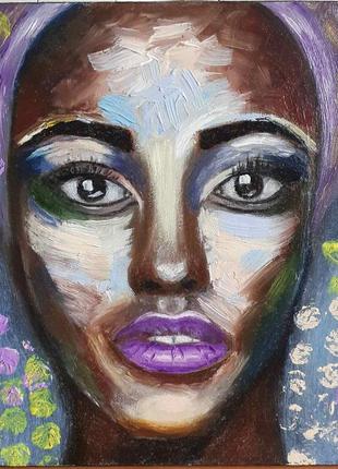 Картина олією екзотична дівчина 16.5х16.5см двп поп арт, африканка