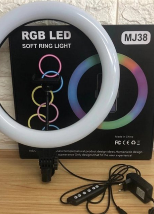 Кольцевая светодиодная rgb led лампа 38 см mj38 с зажимом для телефона