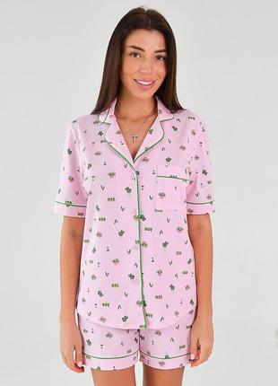 Жіноча бавовняна піжама рожевого кольору сорочка та шорти тм roksana 1524/160861 фото