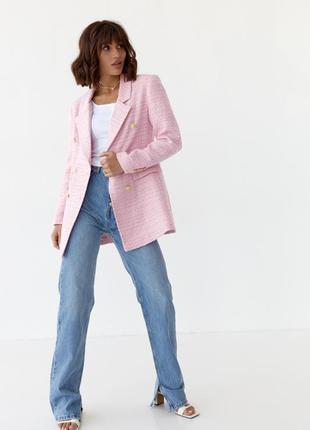 Женский твидовый пиджак с золотистыми пуговицами розовый2 фото
