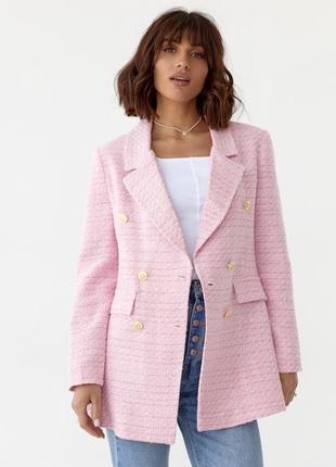 Женский твидовый пиджак с золотистыми пуговицами розовый5 фото