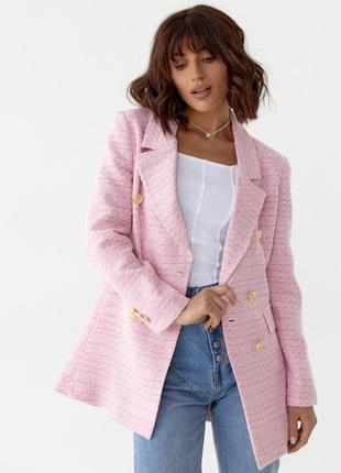 Женский твидовый пиджак с золотистыми пуговицами розовый4 фото