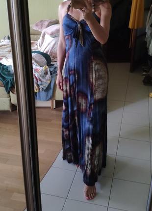 Шикарный синий сарафан иакси с принтом в пол, длинное летнее платье с чашками6 фото