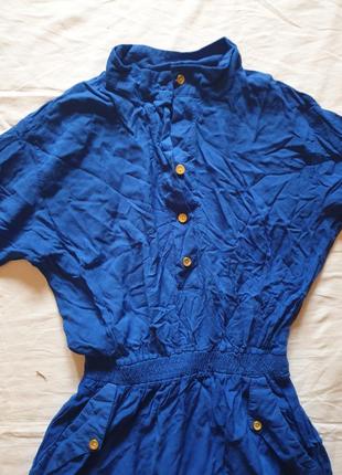 Синее красивое макси платье-рубашка на короткий рукав3 фото
