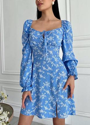 Платье штапель голубое/цветы, короткое
