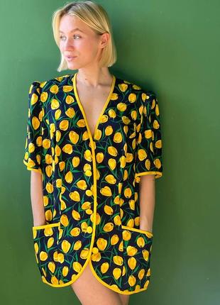 Винтажный жакет блуза из натурального шелка с цветочным принтом желтыми тюльпанами