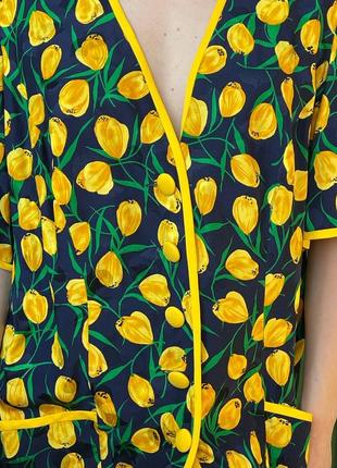 Винтажный жакет блуза из натурального шелка с цветочным принтом желтыми тюльпанами4 фото