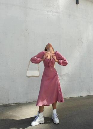 Ніжна сукня міді муслін на шнурівці з розрізом декольте 7 кольорів3 фото