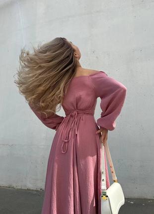 Нежное платье миди муслин на шнуровке с разрезом декольте 7 цветов6 фото