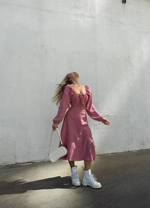 Ніжна сукня міді муслін на шнурівці з розрізом декольте 7 кольорів4 фото