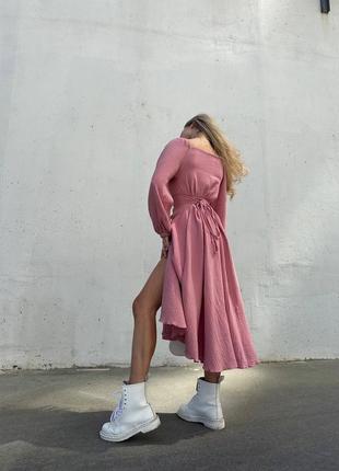 Ніжна сукня міді муслін на шнурівці з розрізом декольте 7 кольорів7 фото