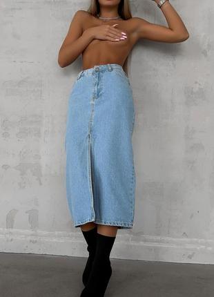 Голубая джинсовая юбка с разрезом хит продаж лето 20236 фото
