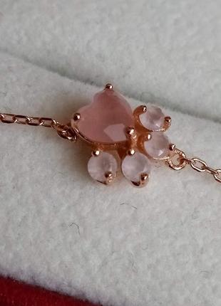 Срібний браслет "рожева лапка" з натуральним розовим кварцом, позолота8 фото