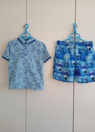 Летний костюм набор с акулами для мальчика 3-4 года 98-104 футболка поло тенниска и пляжные шорты