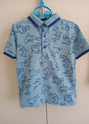 Летний костюм набор с акулами для мальчика 3-4 года 98-104 футболка поло тенниска и пляжные шорты9 фото