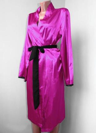 Халат домашний атласный  розовая фуксия с черным поясом и кантами, lingerie, s/36/38