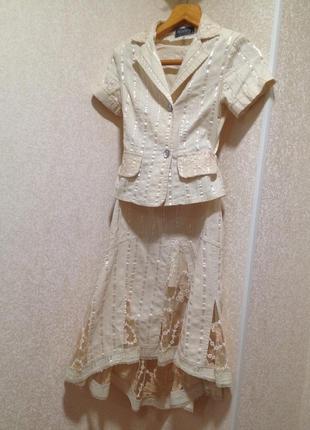 Костюм з спідницею: піджак+асиметрична спідниця міді клешь xs-s