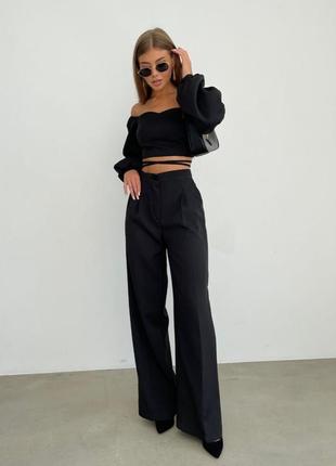 Костюм брючний жіночий кроп топ з довгими рукавами ліхтариками з ав'язками навколо талії штани палаццо широкі прямі брюки