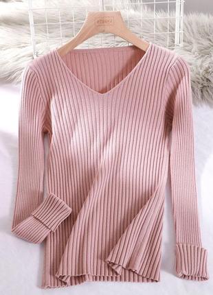 Трикотажный и чуть пушистый пуловер в рубчик розовый ms