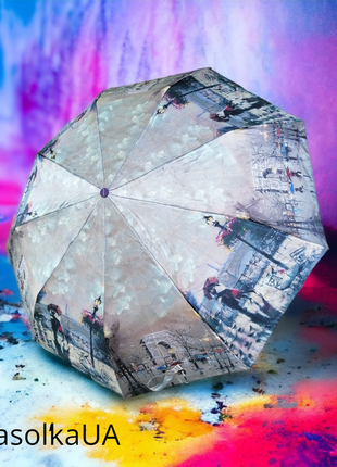 Зонтик женский складной, полуавтомат (открытие), система антиветер, рисунок вечерний город.