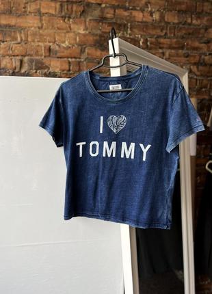Tommy hilfiger women’s blue garment dyed big print t-shirt женская футболка1 фото