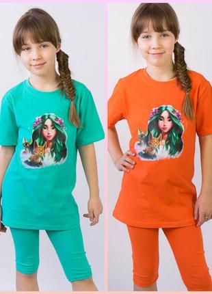 Трендовый летний комплект с мавкой, футболка и велосипедки трессы, принт малька на футболке, комплект футболка и тресса с мавкой