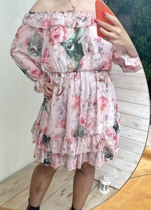 Платье в цветочный принт шифоновая открытые плечи длинный рукав5 фото