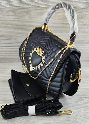 Сучасна жіноча чорна сумка + гаманець через плече з екошкіри, модна трендова жіноча сумочка для дівчини4 фото