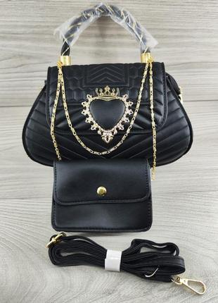 Сучасна жіноча чорна сумка + гаманець через плече з екошкіри, модна трендова жіноча сумочка для дівчини2 фото