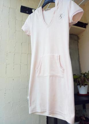 Розовое кремовое теплое пудровое велюровое платье капюшон карман кенгуру от oodji