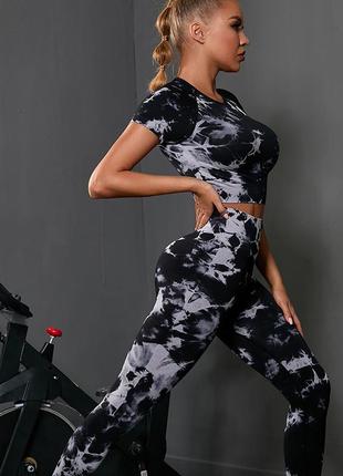 Спортивный женский костюм мраморный для фитнеса бега йоги спортивные лосины и топ тай дай (черный)