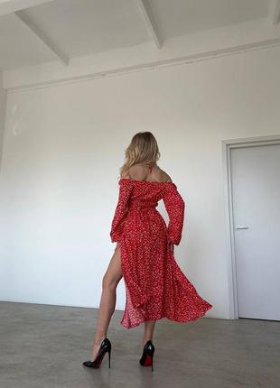 Сукня міді червона з білим принтом з довгим рукавом з розрізом на ніжці сексуальна яскрава базова стильна трендова штапель довга плаття8 фото