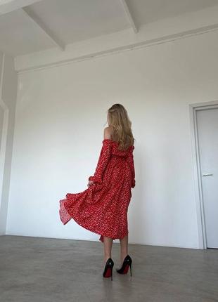 Платье миди красное с белым принтом с длинным рукавом с разрезом на ножке, сексуальное, базовая стильная трендовая штапель длинное платье5 фото