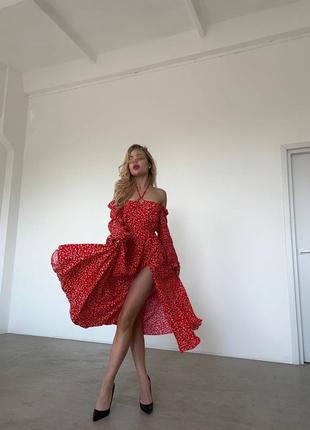 Платье миди красное с белым принтом с длинным рукавом с разрезом на ножке, сексуальное, базовая стильная трендовая штапель длинное платье3 фото