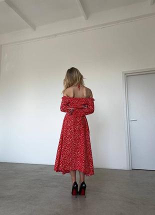 Платье миди красное с белым принтом с длинным рукавом с разрезом на ножке, сексуальное, базовая стильная трендовая штапель длинное платье7 фото