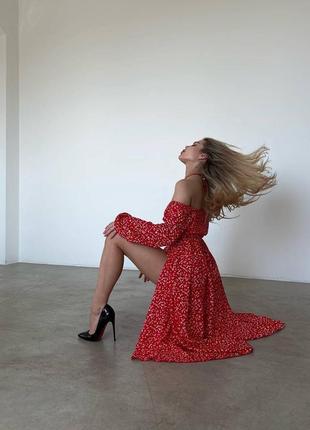 Платье миди красное с белым принтом с длинным рукавом с разрезом на ножке, сексуальное, базовая стильная трендовая штапель длинное платье10 фото