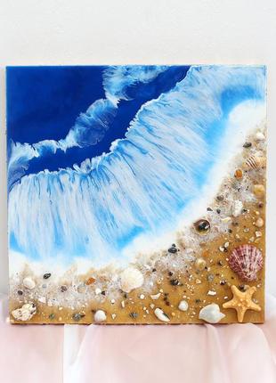 Супероригинальная 3d картина "море" эпоксидной смолой с натуральными ракушками, размер 43*43