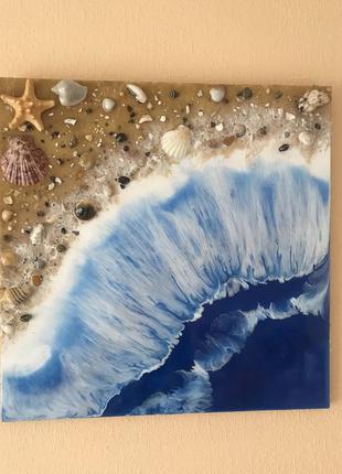 Супероригинальная 3d картина "море" эпоксидной смолой с натуральными ракушками, размер 43*435 фото