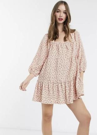 Розовое мини-платье с квадратным вырезом и цветочным принтом asos, размер 4