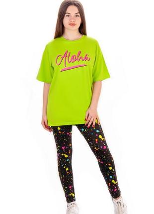 Летний яркий неоновый комплект для девушек-подростков футболка оверсайз и лосины4 фото