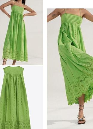 Зеленое длинное платье с прорезной вышивкой на тоненьких бретелях из новой коллекции zara размер s,xxl