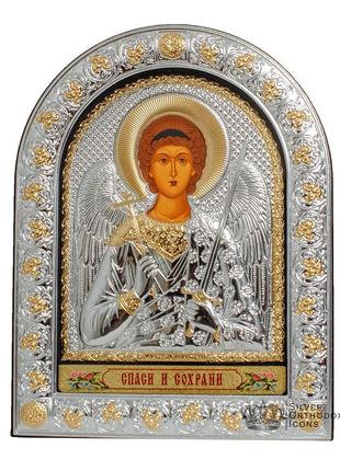 Серебряная икона ангел хранитель 21х26см в арочном киоте под стеклом7 фото