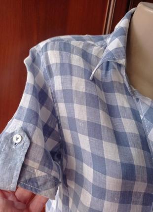 Льняна рубашка з коротким рукавом в клітинку  van lack5 фото