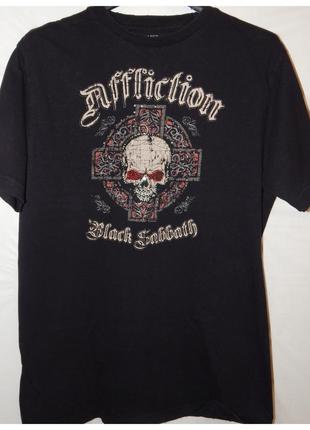 Мерехтлива футболка vintage affliction black sabbath xl cross scull, чорна, рвана, сша, 2009